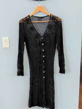 BCBGMaxAzria Black Crochet Open-Knit Longline Cardigan Top